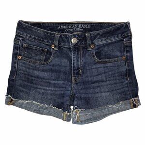 American Eagle Distressed Shorts Womens 6 Dark Wash Super Stretch Cuffed Grunge